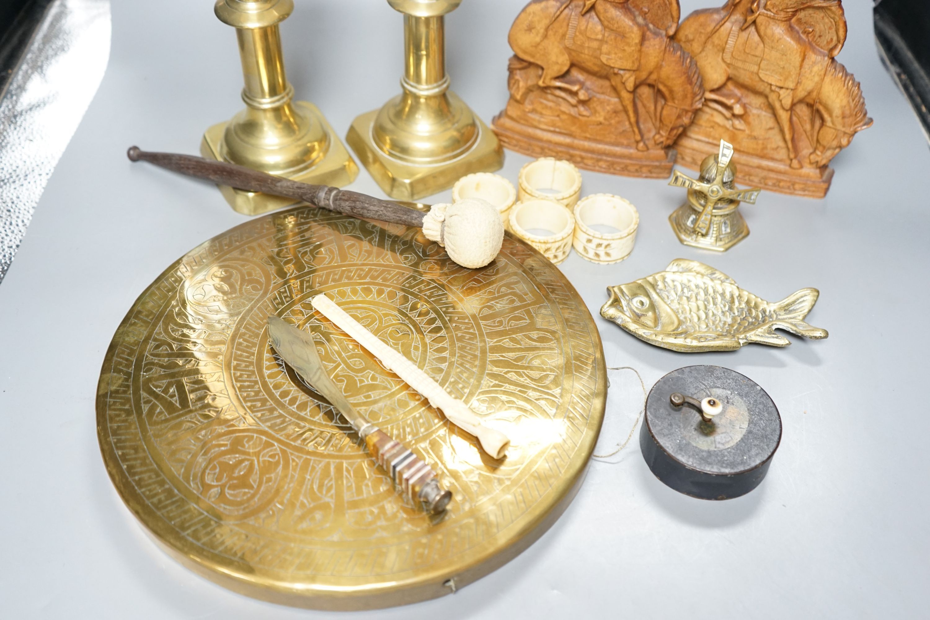 Mixed brass wares, candlesticks, gong etc together with mixed collectibles - music box, ivory, bone etc